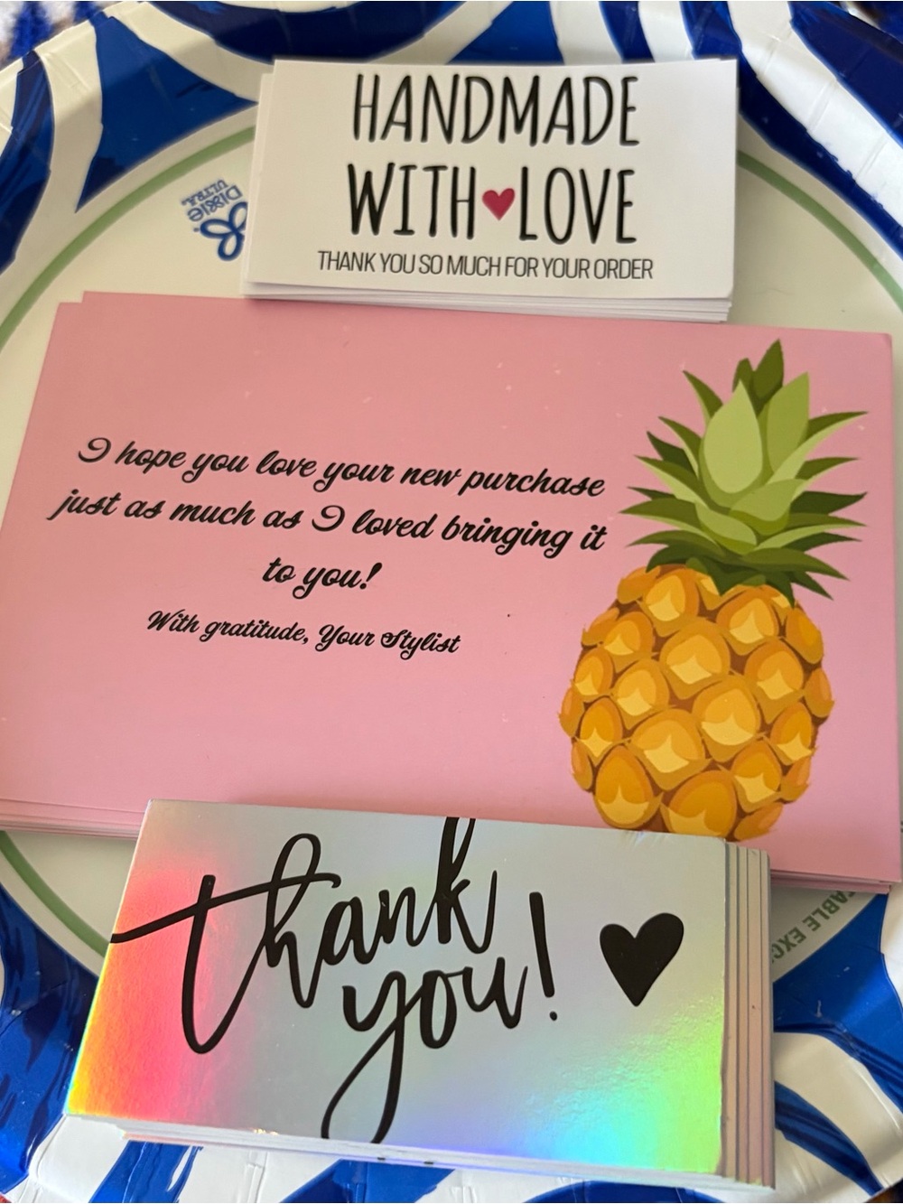 Set Of Thank You Cards: Made w/Love, iridescent thank you, and Pink Pineapple